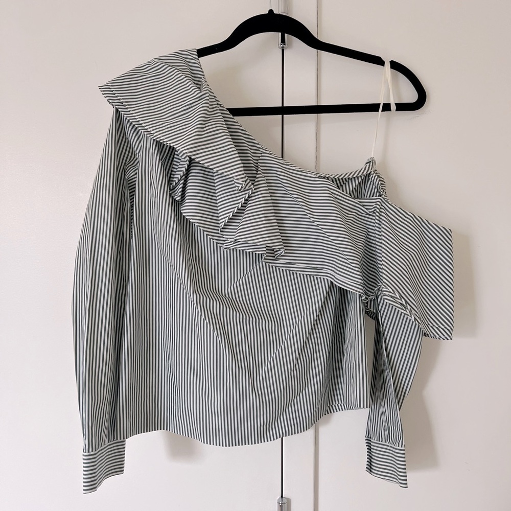 Club Monaco Striped One Shoulder Ruffle Top